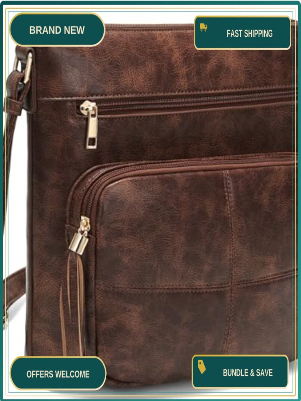 Vintage PU Leather Crossbody Bag with Zipper, Adjustable Strap, Medium Satchel